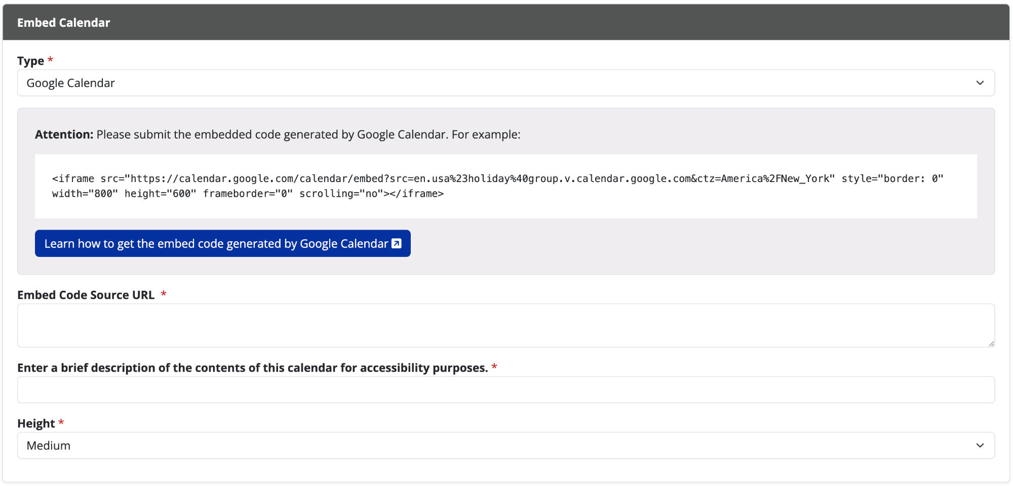 Screenshot of the node editor's "embed calendar" chunk